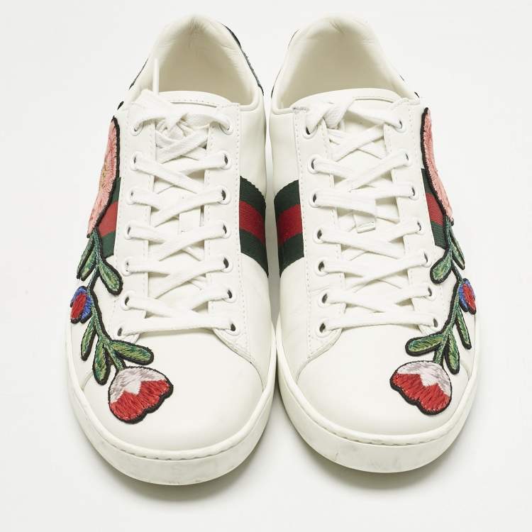 Pre Owned Gucci White Leather Floral Embroidered Ace Sneakers Size 38.5