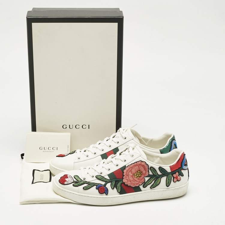 Pre Owned Gucci White Leather Floral Embroidered Ace Sneakers Size 38.5