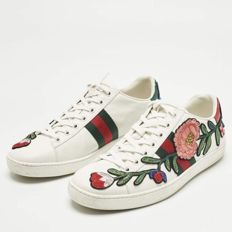 Pre Owned Gucci White Leather Floral Embroidered Ace Sneakers Size 38.5