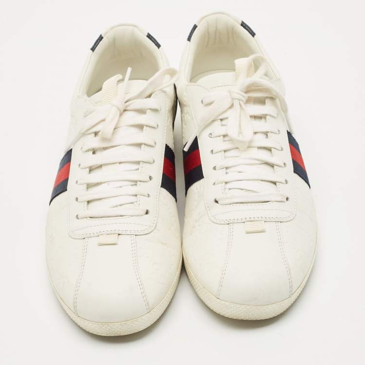 Pre Owned Gucci White Leather Web Detail Ace Low Top Sneakers Size 40.5