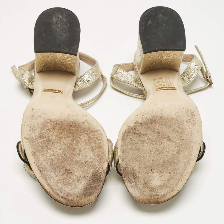 Pre Owned Gucci Metallic Gold Leather GG Marmont Ankle Strap Block Heel Sandals Size 36