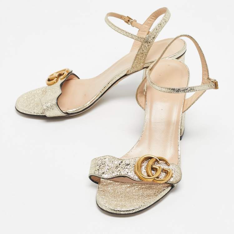 Pre Owned Gucci Gold Leather Horsebit Ankle Strap Sandals Size 36
