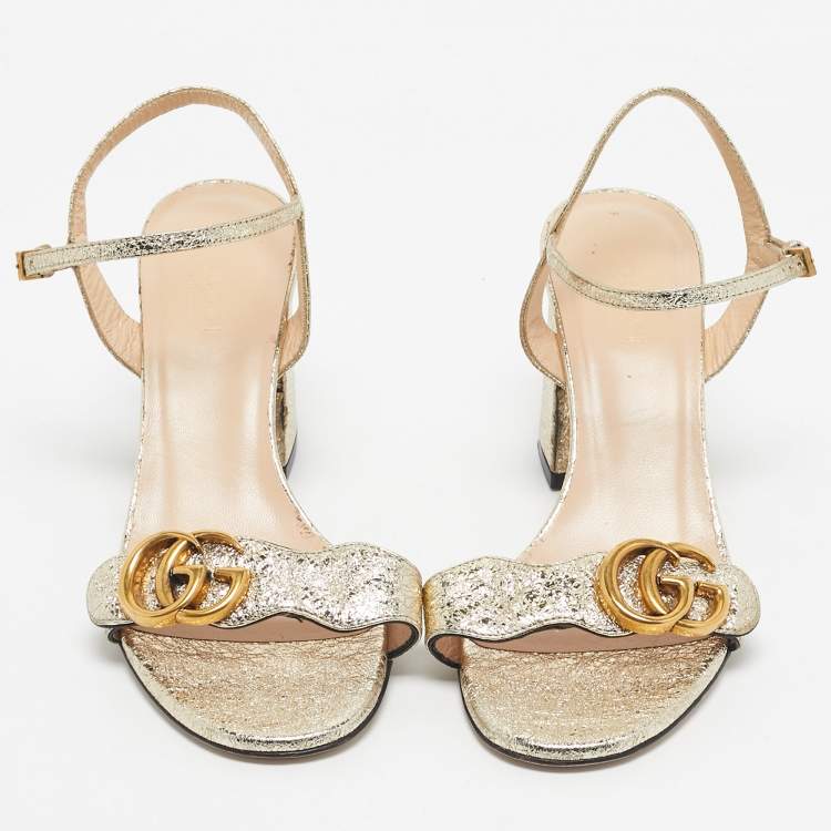 Pre Owned Gucci Gold Leather Horsebit Ankle Strap Sandals Size 36