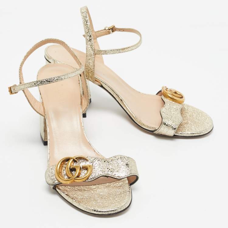 Pre Owned Gucci Gold Leather Horsebit Ankle Strap Sandals Size 36