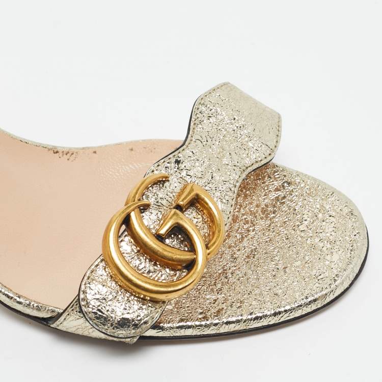 Pre Owned Gucci Gold Leather Horsebit Ankle Strap Sandals Size 36
