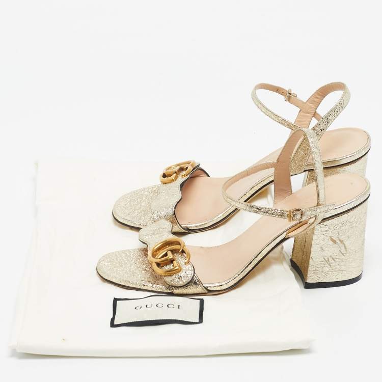 Pre Owned Gucci Gold Leather Horsebit Ankle Strap Sandals Size 36