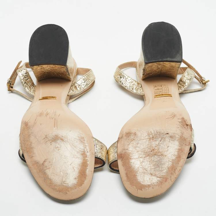 Pre Owned Gucci Gold Leather Horsebit Ankle Strap Sandals Size 36