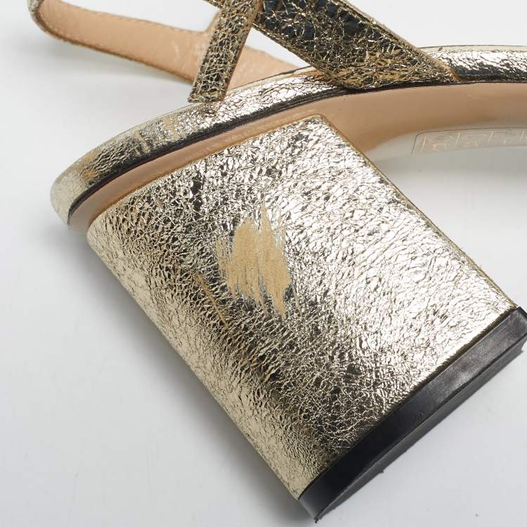 Pre Owned Gucci Gold Leather Horsebit Ankle Strap Sandals Size 36