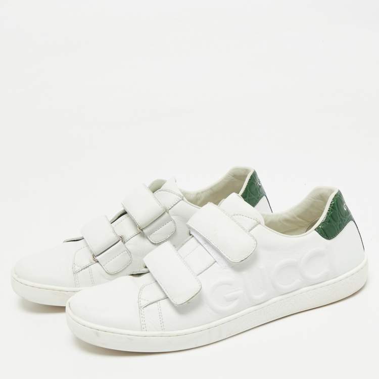 Pre Owned Gucci White/Green Crocodile Leather and Leather Ace Low Top Sneakers Size 38