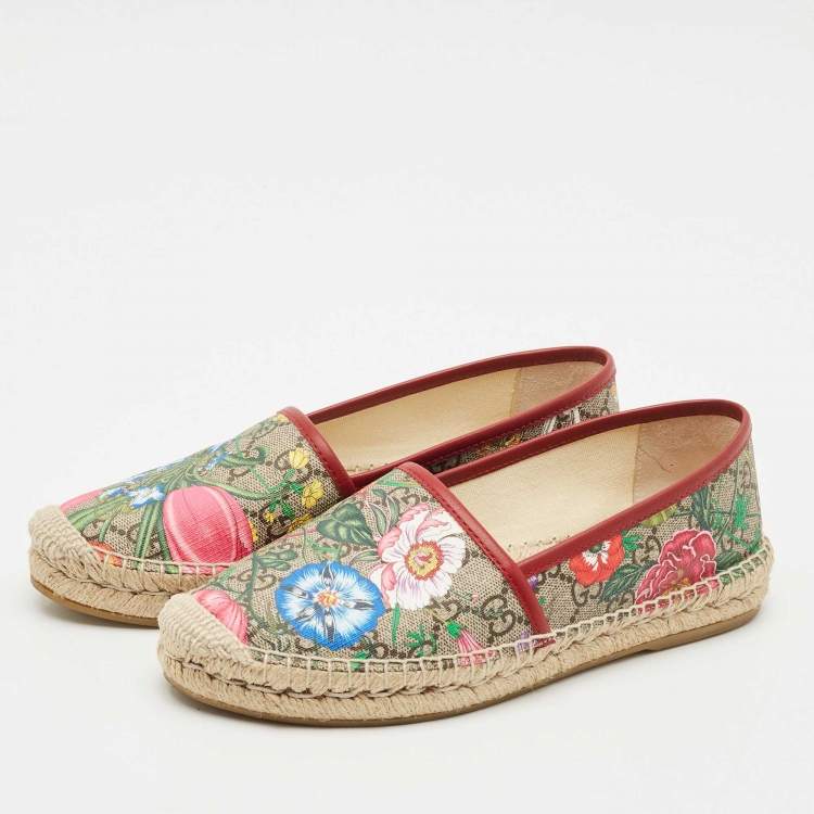 Pre Owned Gucci Multicolor Blooms Print GG Supreme Canvas Flat Espadrilles Size 37.5 