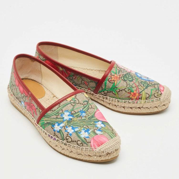 Pre Owned Gucci Multicolor Blooms Print GG Supreme Canvas Flat Espadrilles Size 37.5 