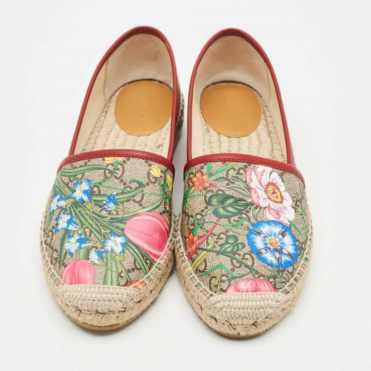 Pre Owned Gucci Multicolor Blooms Print GG Supreme Canvas Flat Espadrilles Size 37.5 
