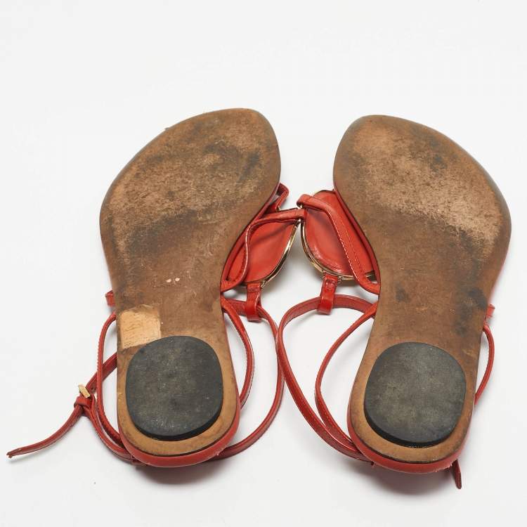 Pre Owned Gucci Orange Patent Leather GG Logo Buckle Flat Thong Sandals Size 37.5