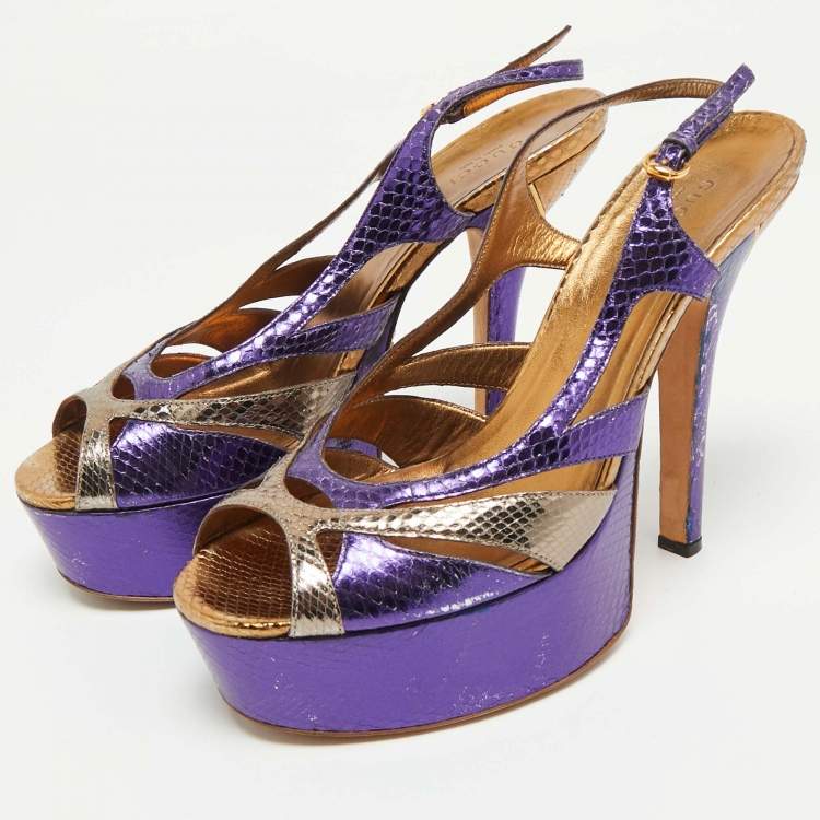 Pre Owned Gucci Blue/Gold Snakeskin Embossed Leather Ankle Strap Sandals Size 39.5