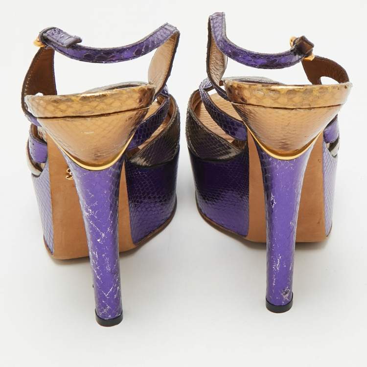 Pre Owned Gucci Blue/Gold Snakeskin Embossed Leather Ankle Strap Sandals Size 39.5