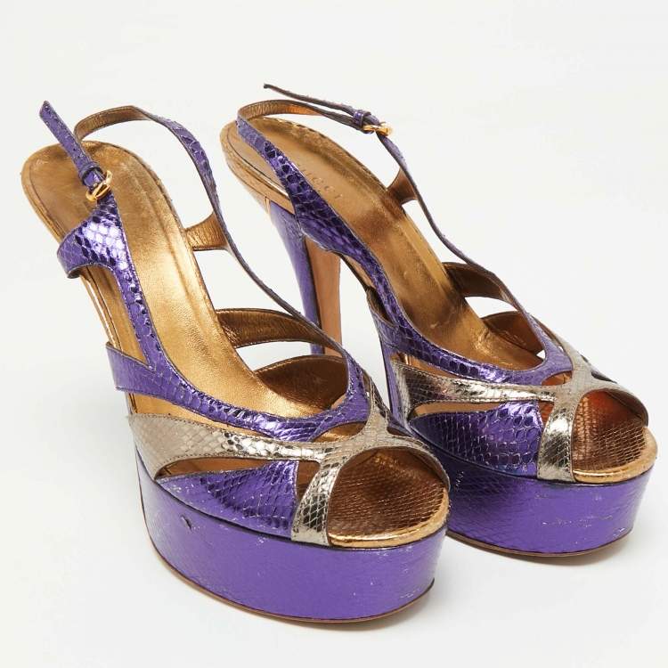 Pre Owned Gucci Blue/Gold Snakeskin Embossed Leather Ankle Strap Sandals Size 39.5