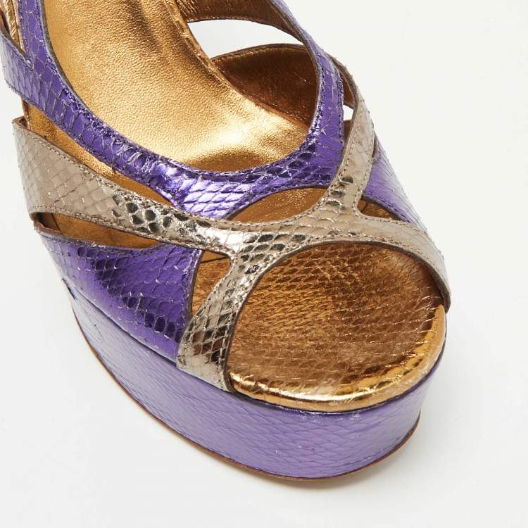 Pre Owned Gucci Blue/Gold Snakeskin Embossed Leather Ankle Strap Sandals Size 39.5