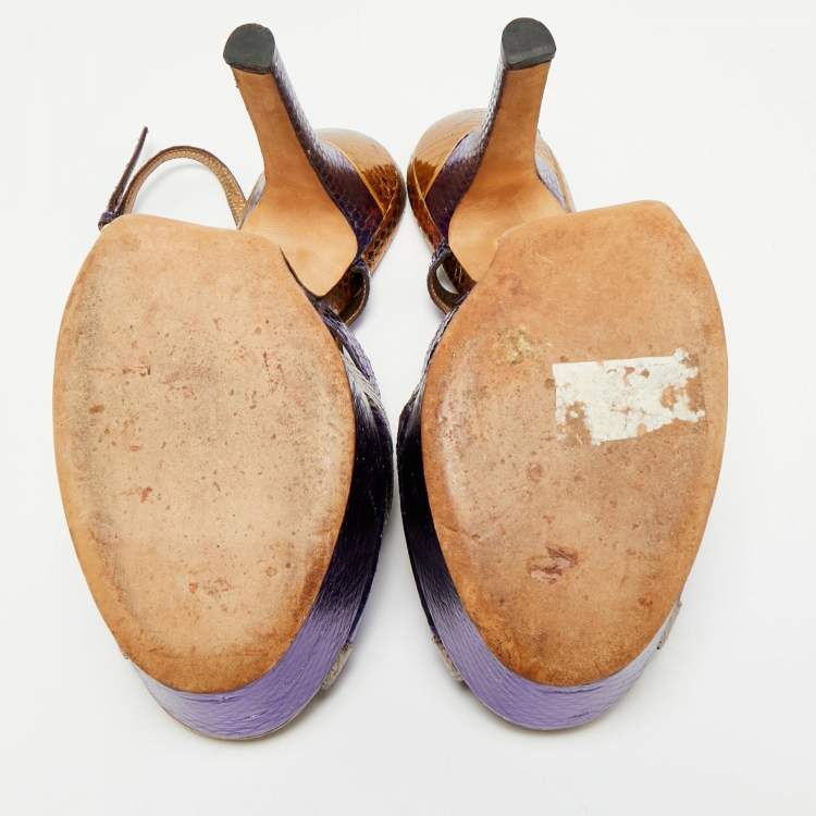 Pre Owned Gucci Blue/Gold Snakeskin Embossed Leather Ankle Strap Sandals Size 39.5