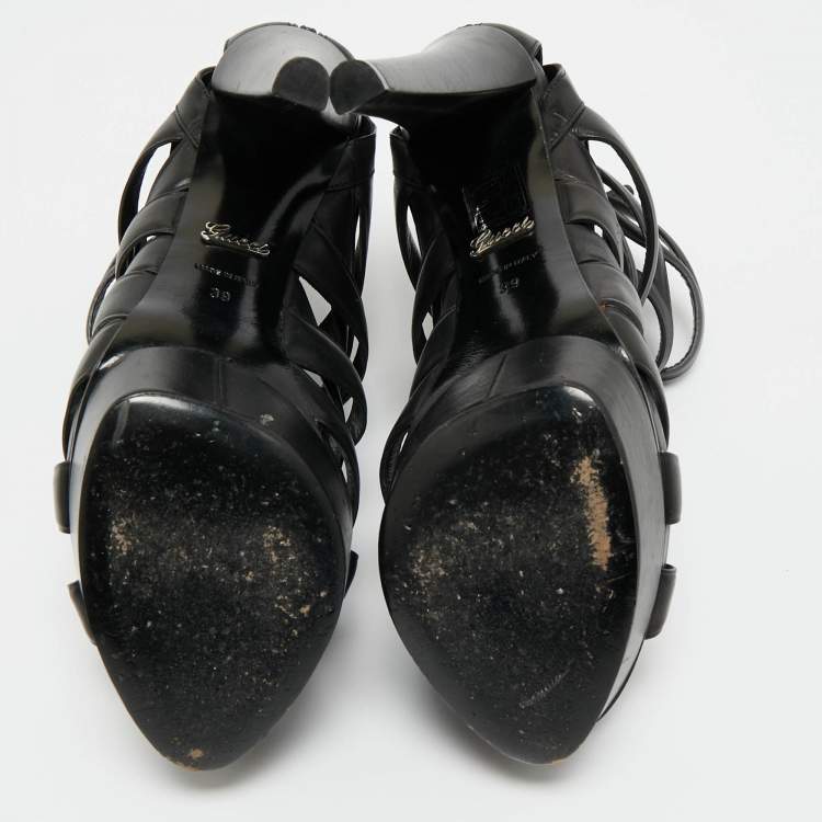 Pre Owned Gucci Black Leather Lifford Cage Platform Sandals Size 39