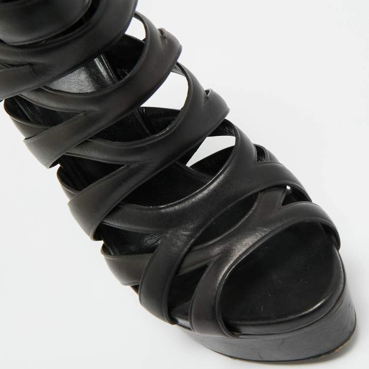Pre Owned Gucci Black Leather Lifford Cage Platform Sandals Size 39