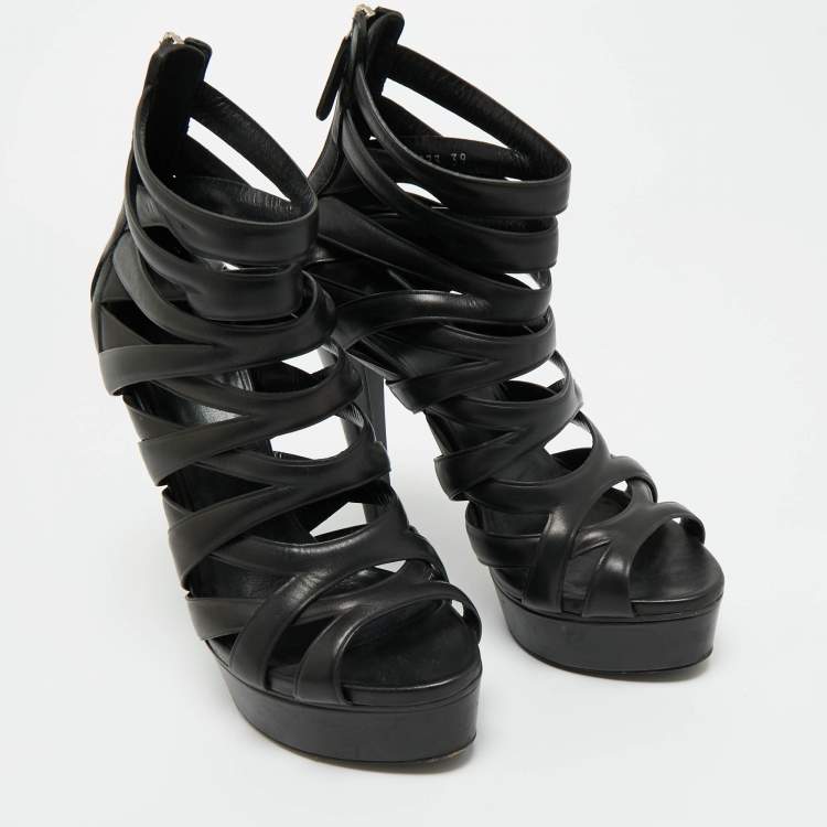 Pre Owned Gucci Black Leather Lifford Cage Platform Sandals Size 39