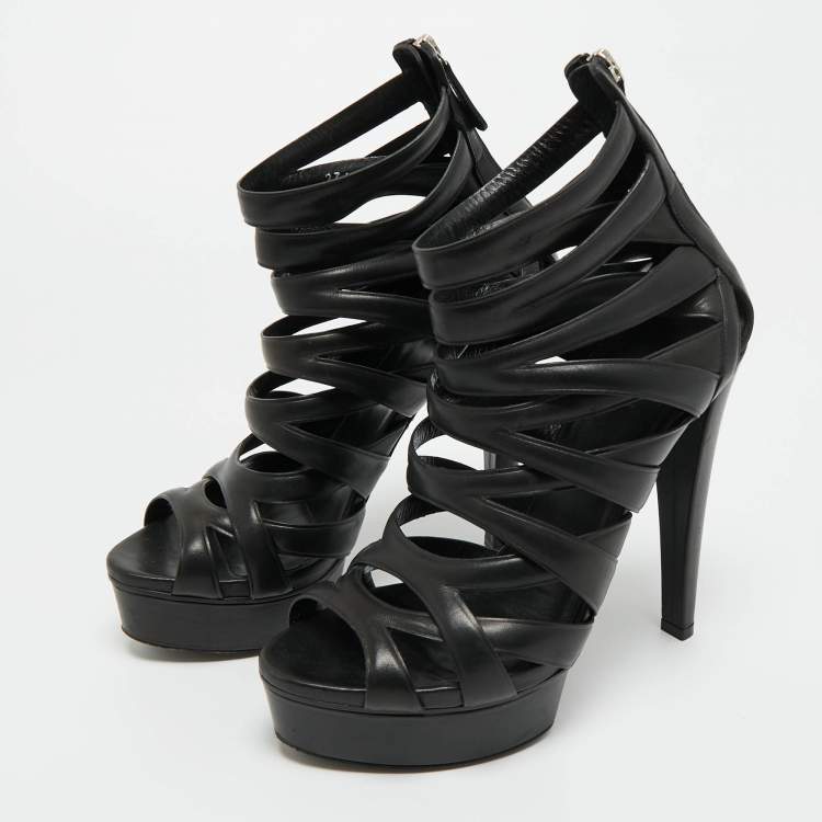 Pre Owned Gucci Black Leather Lifford Cage Platform Sandals Size 39
