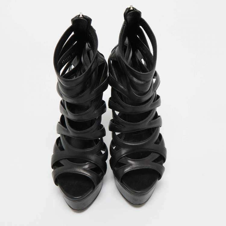 Pre Owned Gucci Black Leather Lifford Cage Platform Sandals Size 39