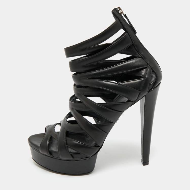 Pre Owned Gucci Black Leather Lifford Cage Platform Sandals Size 39