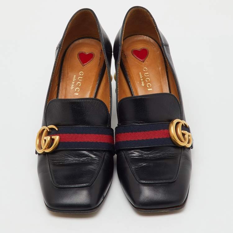 Pre Owned Gucci Black Leather Web Pearl Embellished Peyton Loafer Pumps Size 37