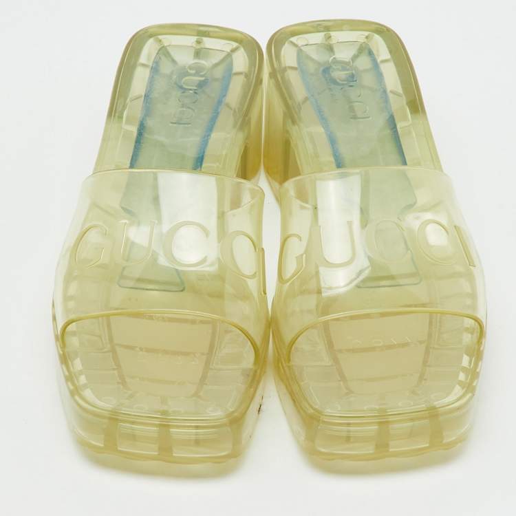 Pre Owned Gucci Transparent PVC Embossed Logo Block Heel Slide Sandals Size 36