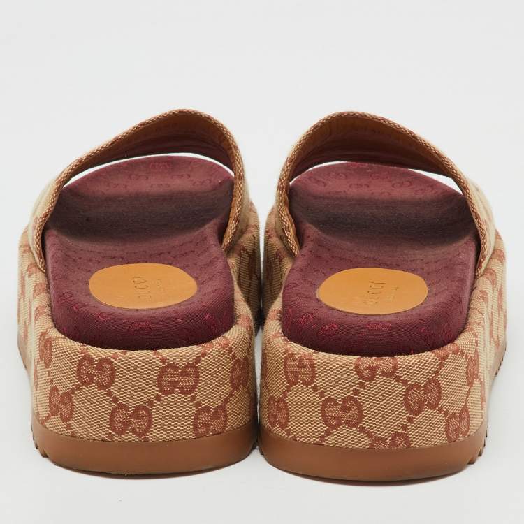 Pre Owned Gucci Brown/Beige GG Canvas Angelina Platform Slide Sandals Size 36.5