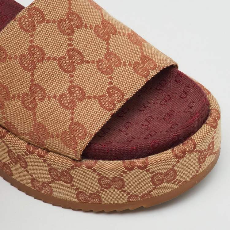 Pre Owned Gucci Brown/Beige GG Canvas Angelina Platform Slide Sandals Size 36.5