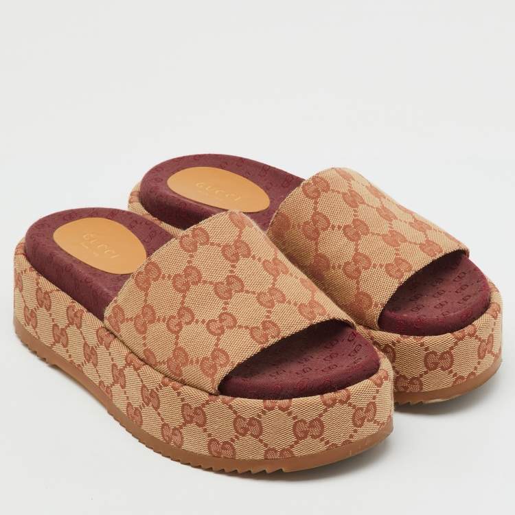 Pre Owned Gucci Brown/Beige GG Canvas Angelina Platform Slide Sandals Size 36.5