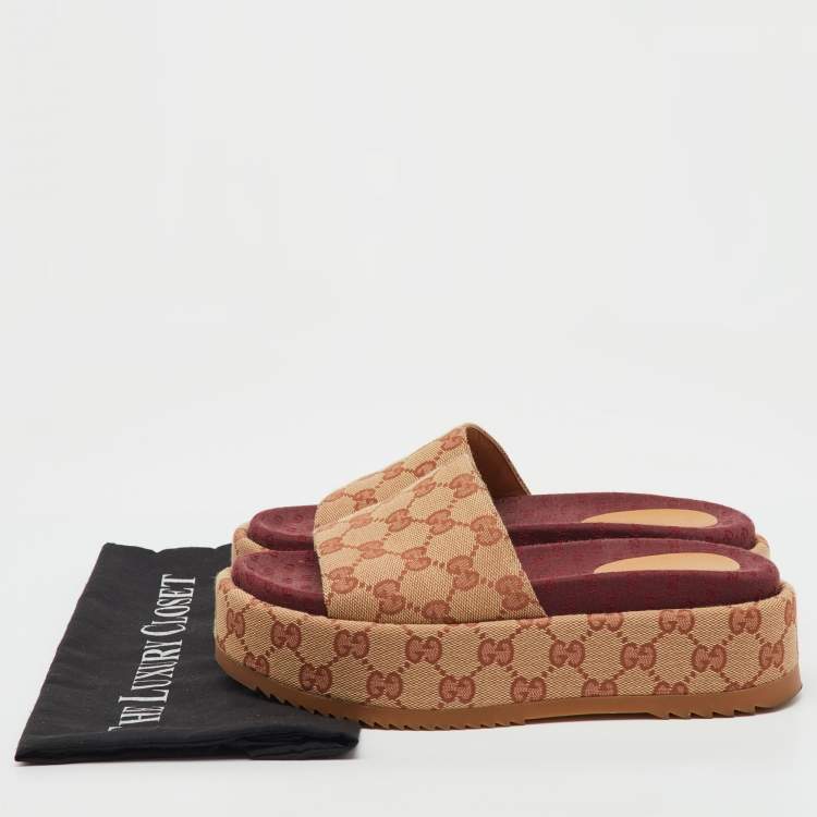 Pre Owned Gucci Brown/Beige GG Canvas Angelina Platform Slide Sandals Size 36.5