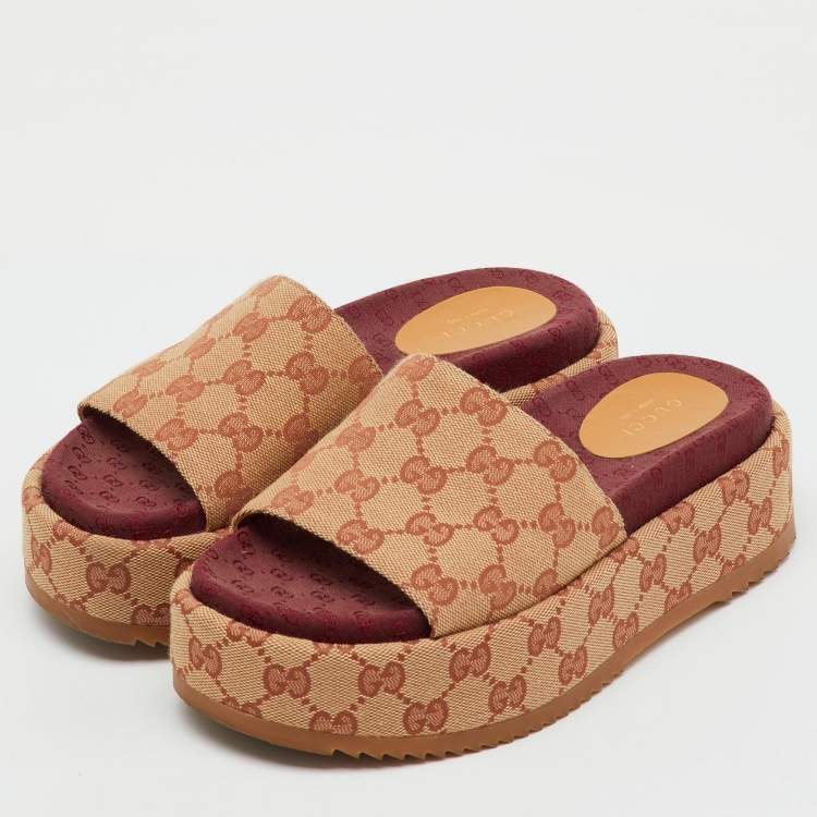 Pre Owned Gucci Brown/Beige GG Canvas Angelina Platform Slide Sandals Size 36.5