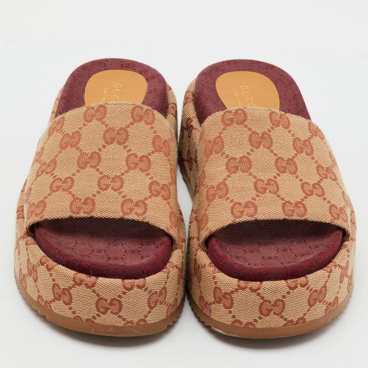 Pre Owned Gucci Brown/Beige GG Canvas Angelina Platform Slide Sandals Size 36.5
