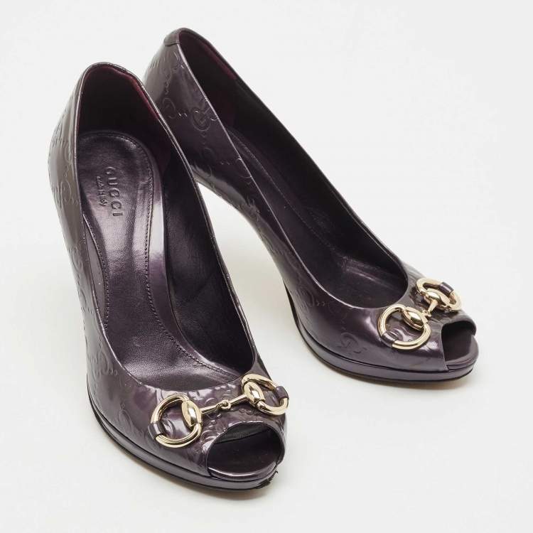 مملوكة مسبقًا Gucci Purple Guccissima Patent Leather Horsebit Peep Toe Pumps Size 35.5