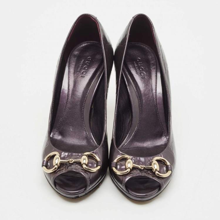 مملوكة مسبقًا Gucci Purple Guccissima Patent Leather Horsebit Peep Toe Pumps Size 35.5