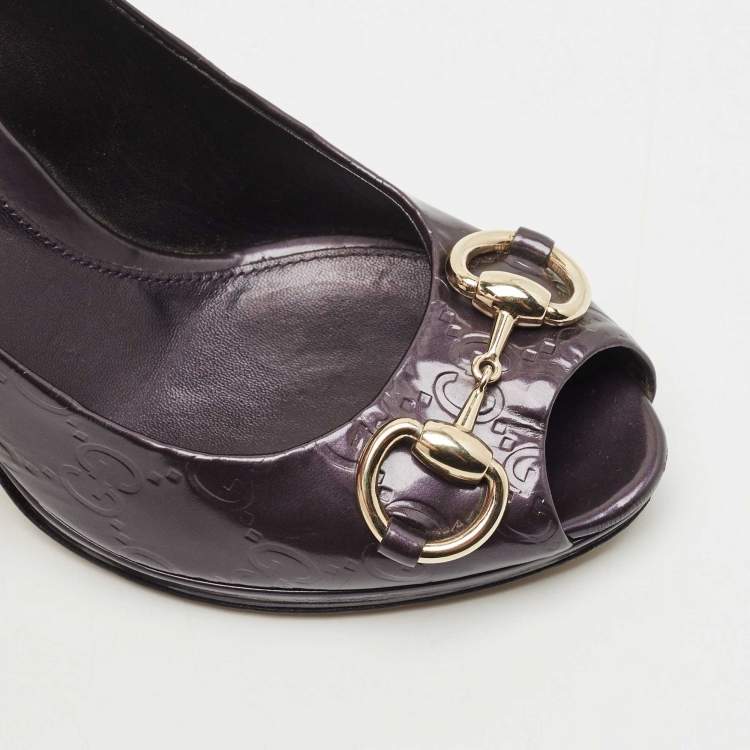 مملوكة مسبقًا Gucci Purple Guccissima Patent Leather Horsebit Peep Toe Pumps Size 35.5