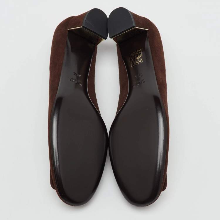 Pre Owned Gucci Dark Brown Suede Rivet Block Heel Pumps Size 39.5