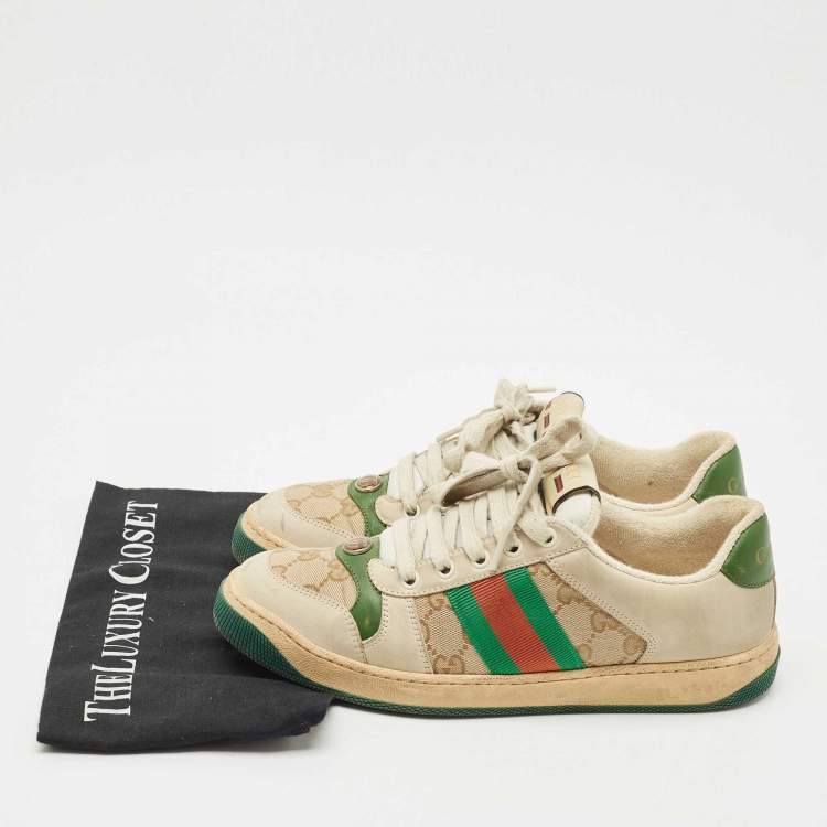 Pre Owned Gucci Beige/Brown Nubuck Leather and GG Canvas Screener Sneakers Size 39.5