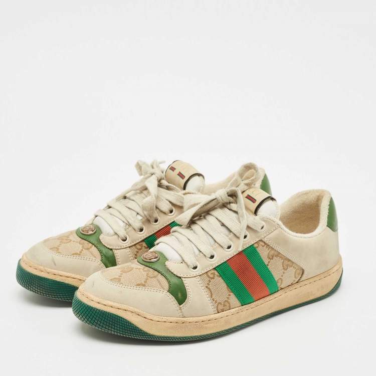 Pre Owned Gucci Beige/Brown Nubuck Leather and GG Canvas Screener Sneakers Size 39.5