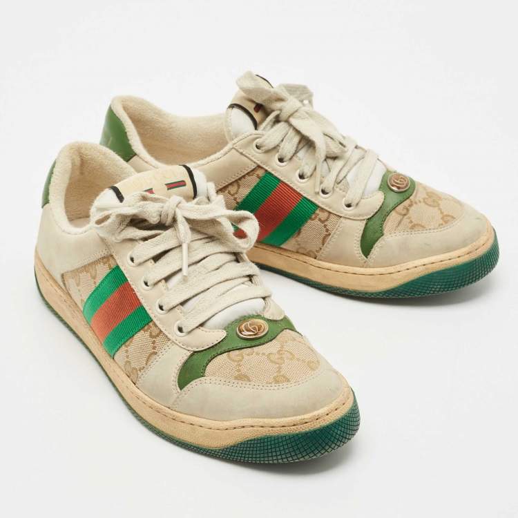 Pre Owned Gucci Beige/Brown Nubuck Leather and GG Canvas Screener Sneakers Size 39.5