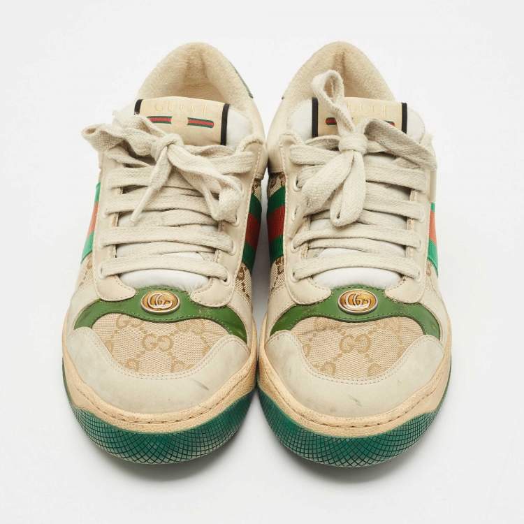 Pre Owned Gucci Beige/Brown Nubuck Leather and GG Canvas Screener Sneakers Size 39.5