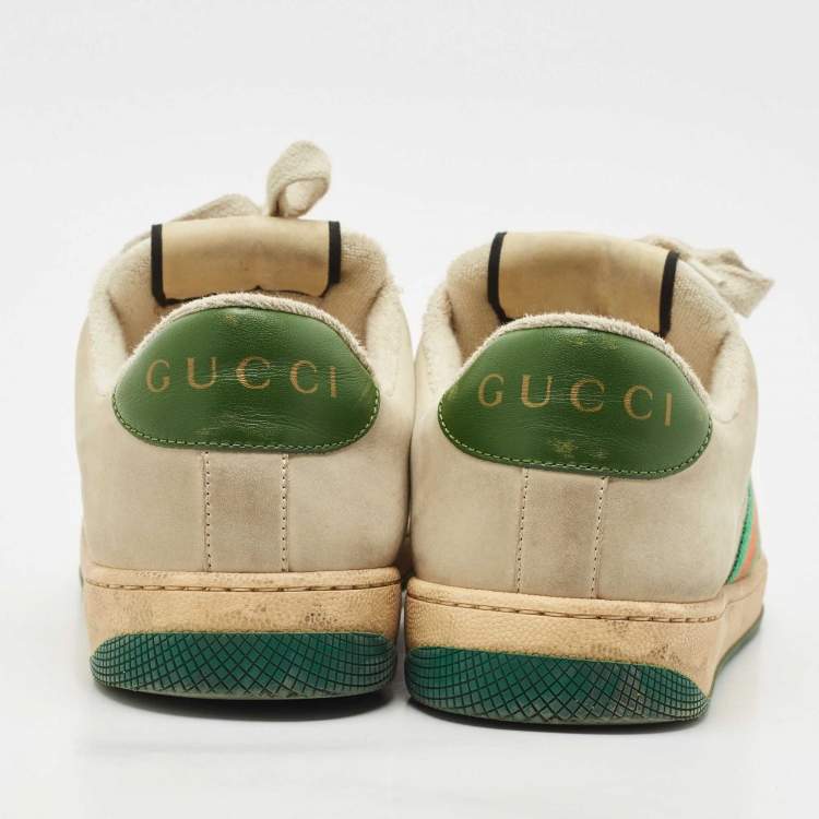 Pre Owned Gucci Beige/Brown Nubuck Leather and GG Canvas Screener Sneakers Size 39.5