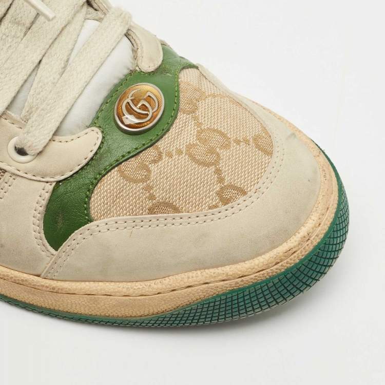Pre Owned Gucci Beige/Brown Nubuck Leather and GG Canvas Screener Sneakers Size 39.5