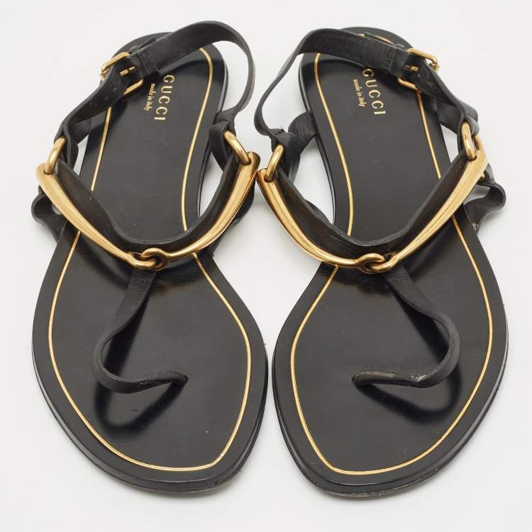 Pre Owned Gucci Black Leather Thong Flat Sandals Size 39.5