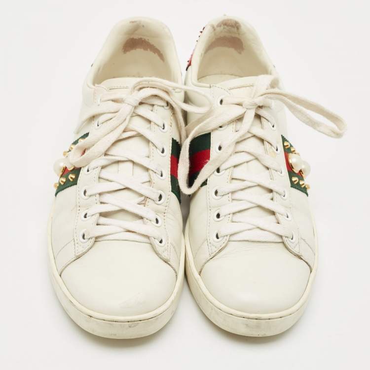 Pre Owned Gucci White Leather and Snakeskin Embossed Leather Ace Web Lace Up Sneakers Size 38