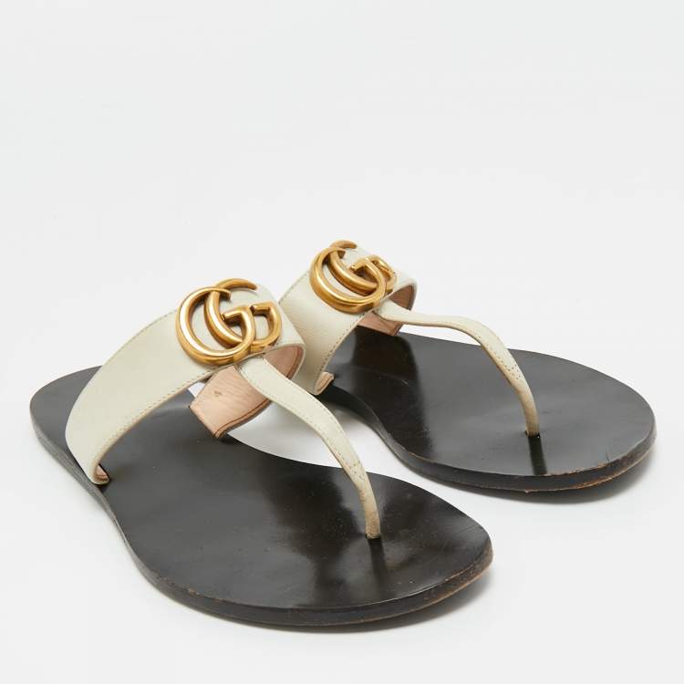 Pre Owned Gucci Cream Leather GG Marmont Thong Slide Flats Size 38