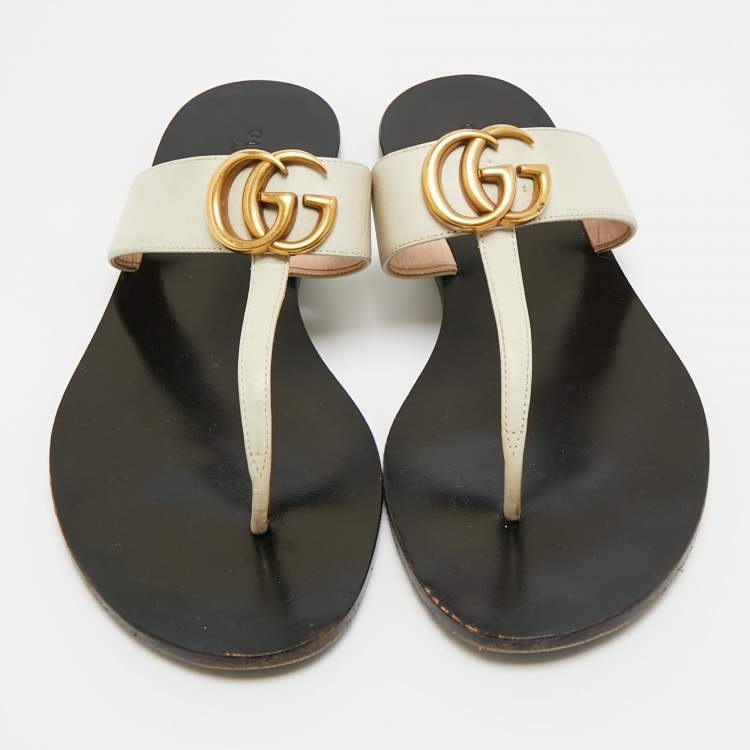 Pre Owned Gucci Cream Leather GG Marmont Thong Slide Flats Size 38